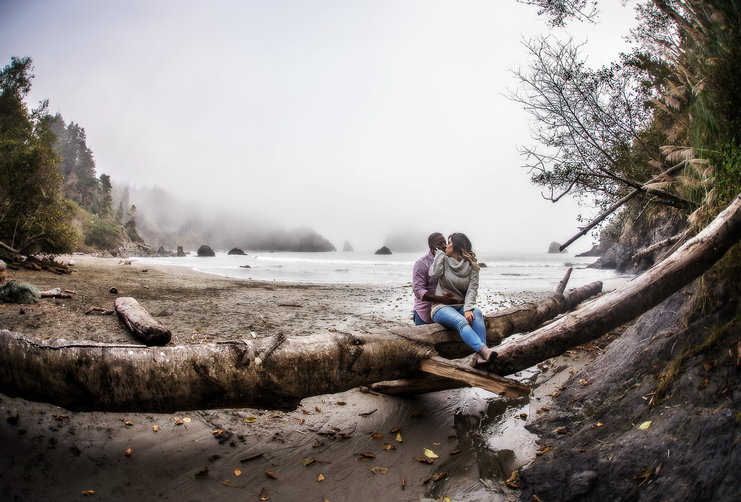 Romantic and foggy College Cove engagement session in Trinidad