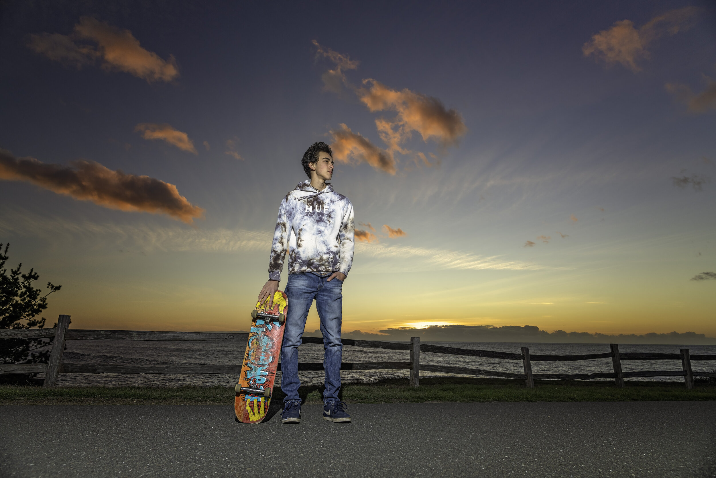 A senior skateboard sunset shoot in Shellter Cove